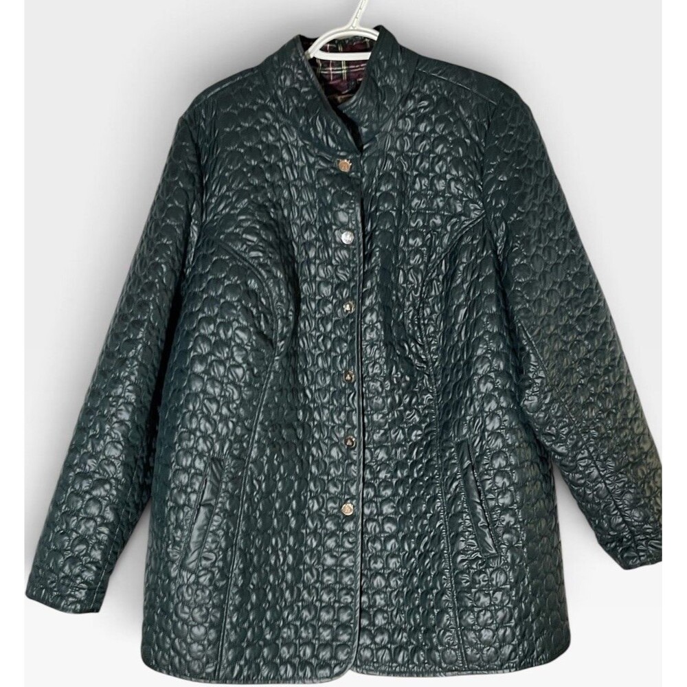 Dennis Basso, Quilted Jacket, 1X, Forest Green, Plaid Lined